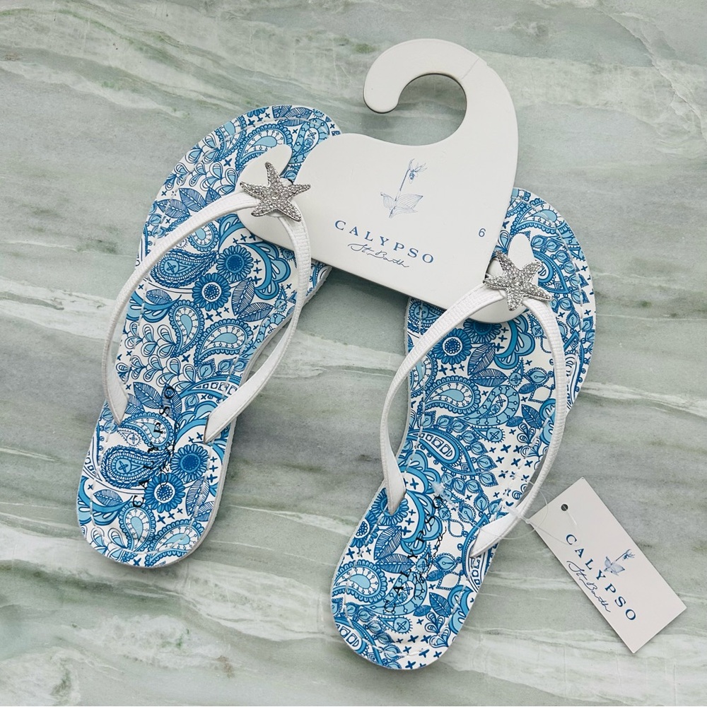 NEW Calypso Blue and White Paisley Flip Flops Size 6
